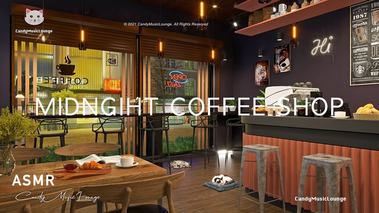 Midnight Coffee Shop Ambience & Lofi Jazzhop Music - Quiet Night Cafe Asmr Chillout Lounge Music